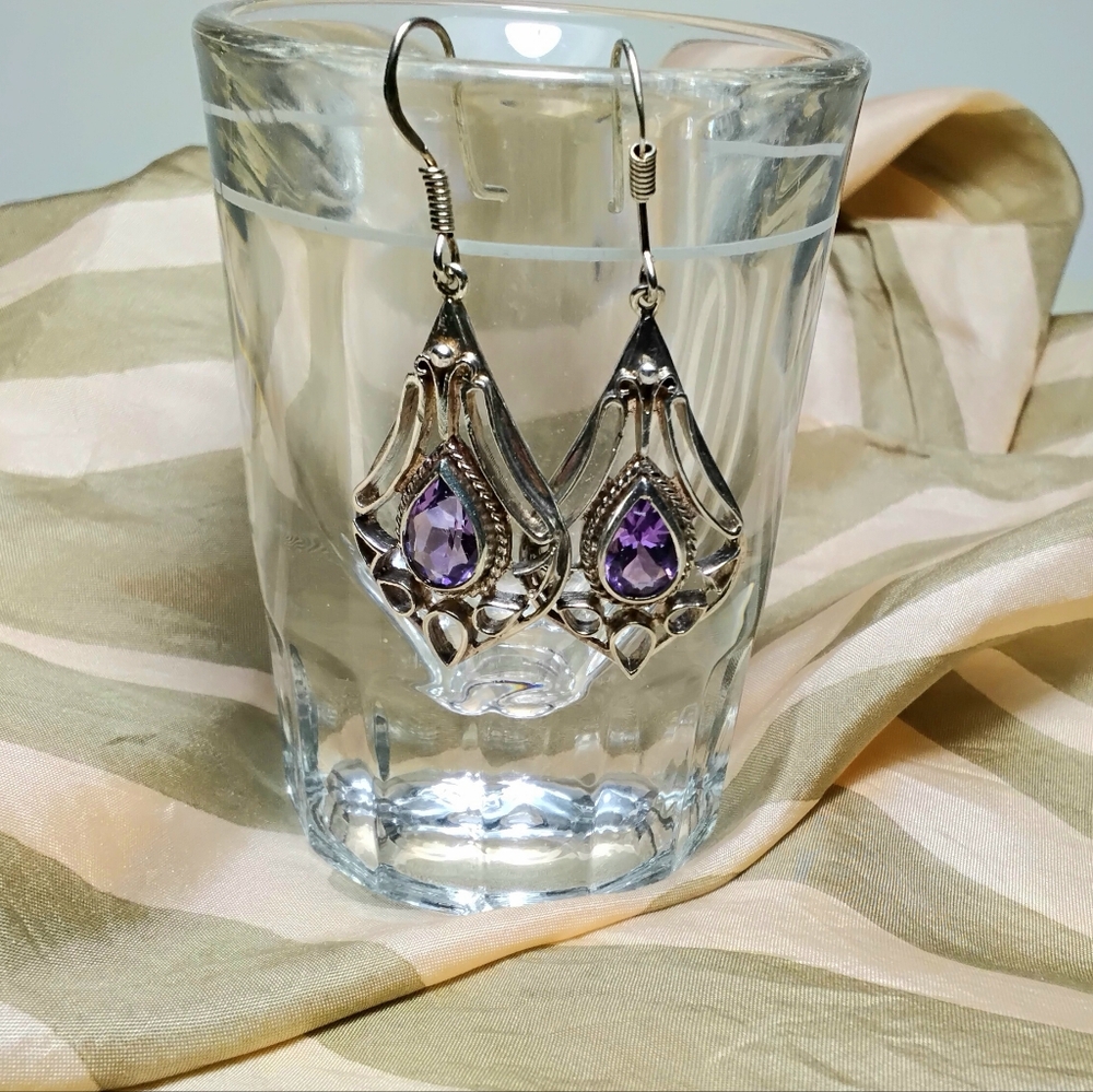 925 Silver ND Teardrop Cut Amethyst Dangle Earrings